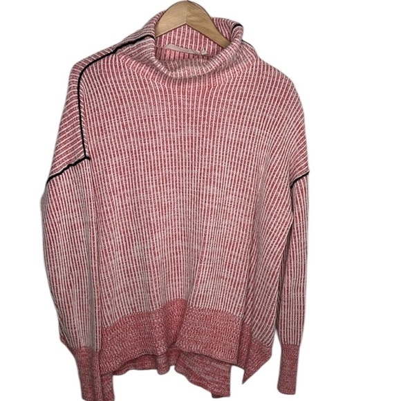 Soft Surroundings Pink White Striped Mock Neck Wool Sweater Women Size L - Picture 1 of 5
